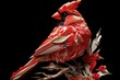 A paper sculpture of a red cardinal, its striking coloration and crest made vivid through crumpled paper.