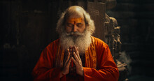 Slow-Motion Close-Up Of Old Indian Monk Chanting In An Ancient Temple. The Senior Guru Sings Religious Songs, Humbly Chating Sacred Mantras, Showing Devotion And Love In Moment Of Emotional Worship