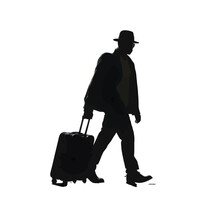 Black Silhouette Of A Man With A Suitcase On Wheels On White Background.