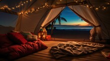 A Tent With Some Red Pillows And Some Lights On The Ceiling