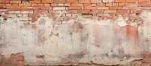 Brick Wall Background With Old Paint Remnants Cracks Scratches And Dust
