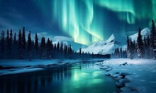 Dramatic Landscape With Beautiful Northern Lights, Aurora Borealis Light Show In The Sky