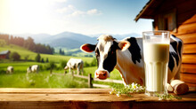Farm Image On Table With Natural Milk Background. Organic Cow's Milk. Cows Grazing In Meadow And Mountain Farm Landscape. AI Generated