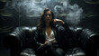 Beautiful girl sitting on leather sofa in semi-darkness due to tobacco smoke. Generative AI