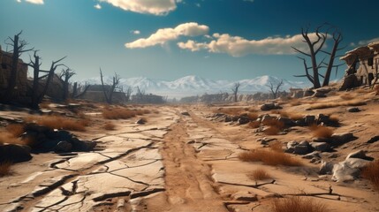 A vast land covered with cracked soil and broken buildings.