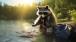 Raccoon stripes wash their clothes on the river. Generative AI 