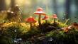 Wonderful mushrooms with cheerful faces sitting in the forest under moss, detailed image. Generative AI