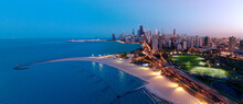 Aerial Cityscape And Beach On Lake Michigan, Chicago, Illinois, USA