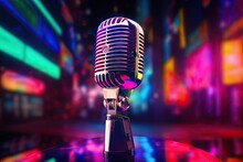 Vintage Neon Light Microphone On Stage. Golden Era Of Music And Entertainment. Rock Mic. Classic In Retro Karaoke Night. Live Performance. Capturing Sound With Classic