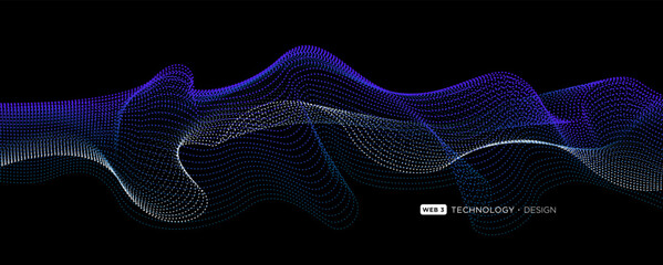Flowing particles wave pattern blue color isolated on a black background. Vector in concept of AI technology, science, music.