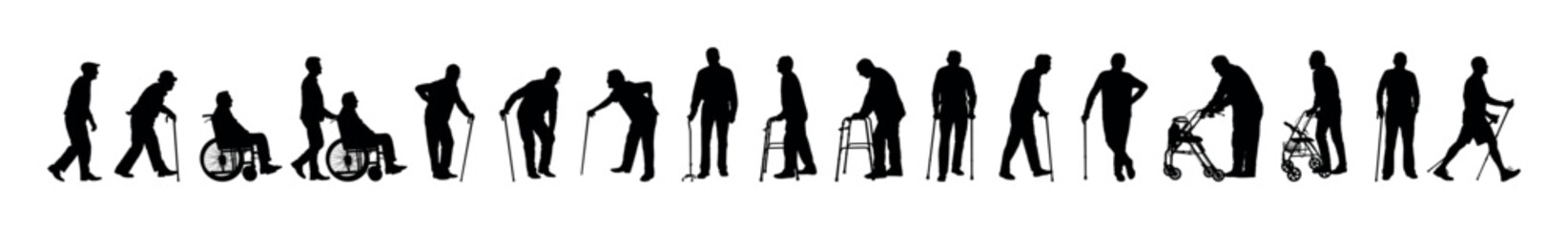 Wall Mural - Silhouette set of senior old man with walking aid flat vector collection.