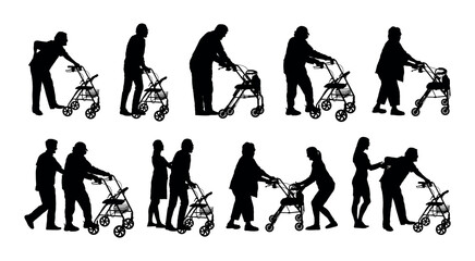 Wall Mural - Silhouettes set of elderly people using rollator or walker vector collection. Senior old people walking with walker silhouette set.