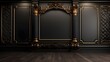 Background mock up luxury vintage black color wall with gold elements .