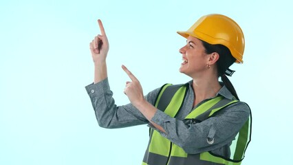 Poster - Studio construction, happy woman or architect pointing at engineering design, commercial news or advertising. Face of contractor, building project notification or architecture promo blue background