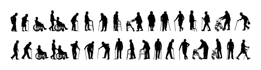 Wall Mural - Elderly people using walking aid silhouette set collection. Senior pensioner people walking with walking aids vector silhouette.