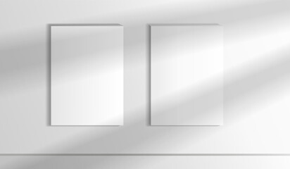 Mockup poster with shadow blinds from window. Mock up sheet paper. White empty blank. Vertical mockup. Light from window. Realistic reflected shadow on wall. Overlay effect. Shade jalousie.