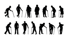 Elderly People With Walking Stick Cane Silhouette Set Collection. Silhouette Set Of Old Man And Woman Using Walking Aid.