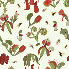 Beautifull Tropical Seamless Pattern With Carnivorous Plants And Insects. Summer Print With Unusual Exotic Rafflesia, Nepenthes, Venus Flytrap. Vector Floral Design With Rare Wild Flowers And Fly