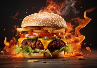 Wall Mural - Delicious fastfood grilled hot fresh tasty cheeseburger, hamburger, burger with french fries and fire flames isolated on black background