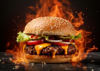 Wall Mural - Delicious fastfood grilled hot fresh tasty cheeseburger, hamburger, burger with french fries and fire flames isolated on black background