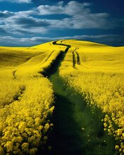Footpath Through Yellow Rapeseed Flowers In A Field In Spring, Switzerland