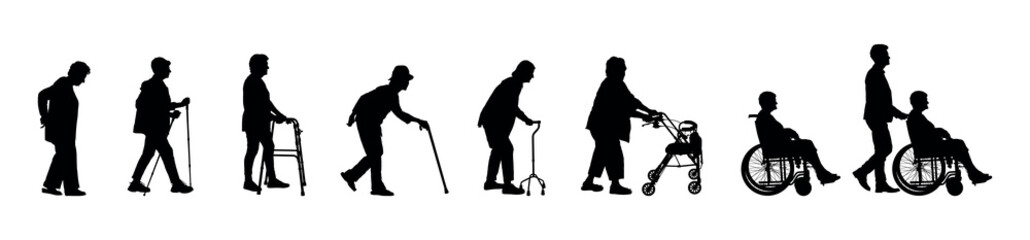 Wall Mural - Group of senior woman use walking aids in row side view silhouettes set.