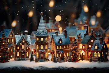 miniature scenery of a christmas village with lighted decorations. christmas scenery banner, peaceful winter houses