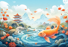Celebrate Holiday Chinese New Year Good Luck Koi Illustration Poster Background Concept Illustration