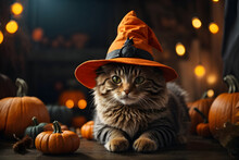 A Cute Cat With A Witch Hat, Halloween Theme, Jack-o-lantern, Spooky Pumpkins