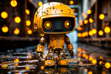 Sticker - Yellow robot is standing on wet surface with lights in the background.