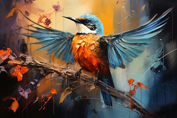 Wall Mural - Image of colorful bird sitting on tree branch.