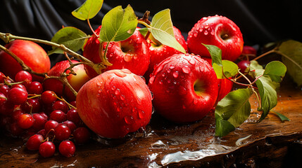 Wall Mural - Bunch of red apples sitting on top of wooden table.