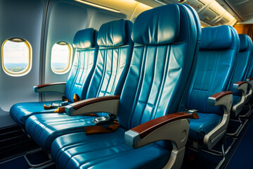 Canvas Print - Row of seats in airplane with view of the ocean.