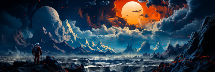 Wall Mural - Image of sunset over mountain range with waterfall in the foreground.