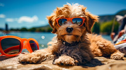 Wall Mural - Dog wearing sunglasses sitting on beach next to body of water.