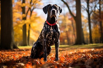 Poster - Black and white dog sitting on top of pile of leaves.