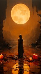 Poster - Woman standing in the middle of lake surrounded by candles.