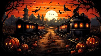 Sticker - Image of halloween scene with train and pumpkins.