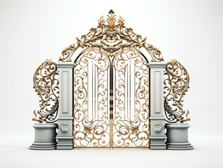 3D image of a decorative and luxury gate. Has 2 door openings. Floral motif carving fills both the door leaf and the door post.