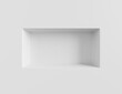 3d render white wall with rectangle shelf, empty niche in bathroom. Mockup blank showcase for exhibits in museum, gallery or studio. Window in store, bookshelf in home interior room. 3D illustration