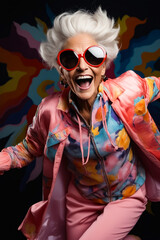 Wall Mural - Woman with white hair and red sunglasses is laughing and wearing pink jacket.