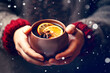 hands holding mulled wine tea mug with orange and spices. snowy christmas background. Ai generated