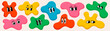 Retro cartoon amoeba shape funny faces. Groovy vintage 30s 60s 70s minimalistic faces with various emotions on abstract shapes