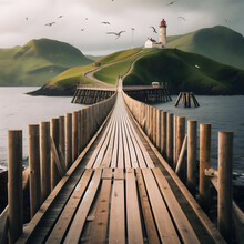 Long Wooden Bridge Over A Rippling Atlantic Pacific Ocean Sea Leading To A Shoreline Maritime Marine Nautical Lighthouse Light Ray Tower With Lots Of Sky Seagulls, Top Of Hill Landscape Road & Trails