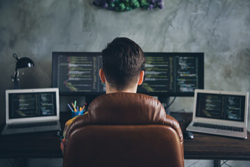 Rear behind portrait of successful busy web designer sitting chair desktop netbook pc displays business center indoors