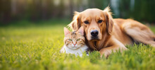 Cute Dog And Cat Lying Together On A Green Grass Field Nature In A Spring Sunny Background