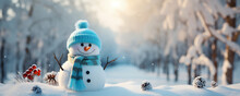 Snowman Wearing A Hat And Scarf In Winter Scenery. Merry Christmas And Happy New Year Greeting Card. Forest Background.