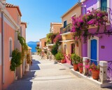 Fototapeta Uliczki - Small sunny summer pastel color street with colorful houses and flowers on balcony. Creative sea vacation concept.