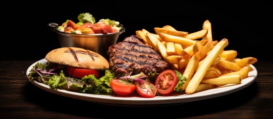 Wall Mural - Burger platter with bread salad sauce fries