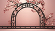An intricate Chinese-style lattice window backdrop with blooming cherry blossoms outside. copy space.